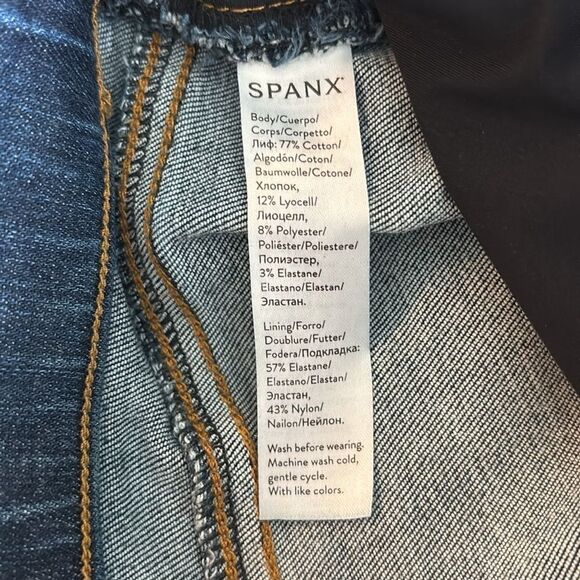Spanx Blue Distressed Pull-On Ankle Skinny Jeans Raw Hem Size Medium Tall - Picture 12 of 13